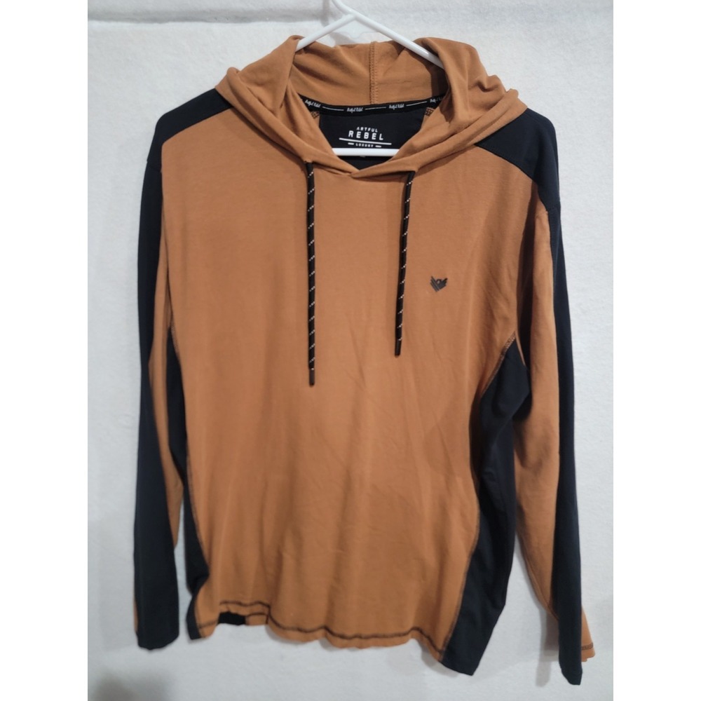 Artful Rebel Luxury  Men's Hooded‎ Long Sleeve Shirt Size L Tan Brown Black